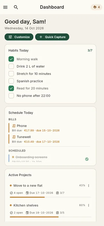 The Dashboard: the day at a glance, in cards.